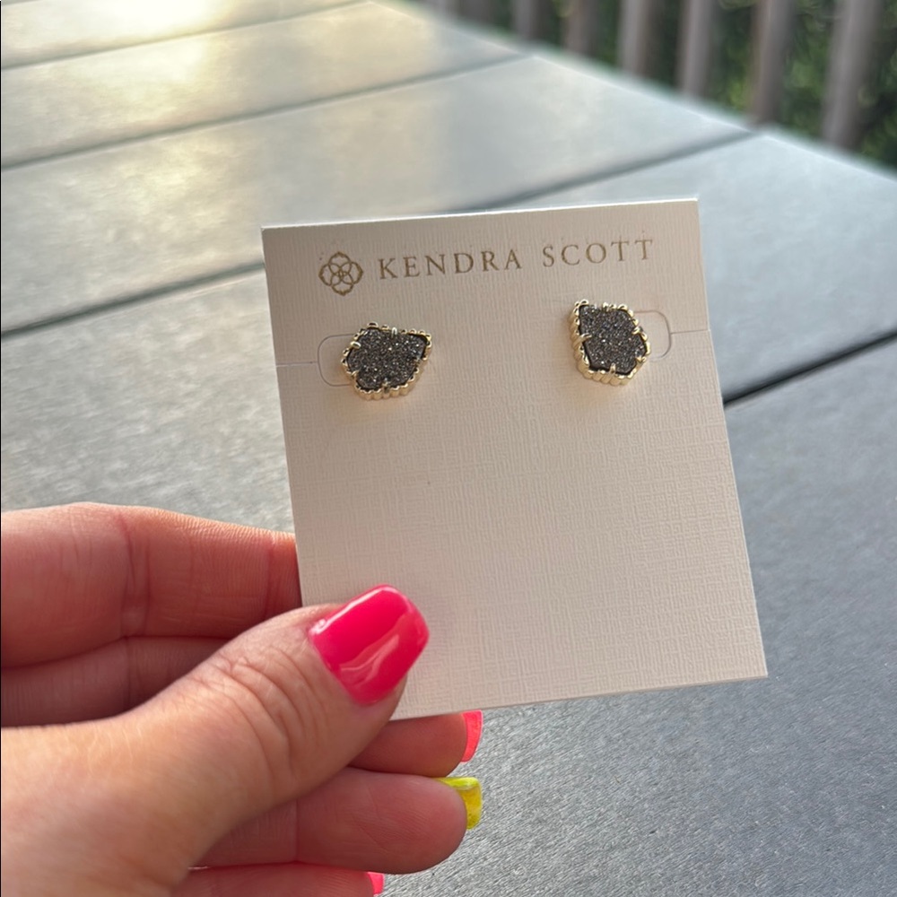 Kendra Scott Gold and Silver Textured Sparkly Gray Stone and Gold Earrings